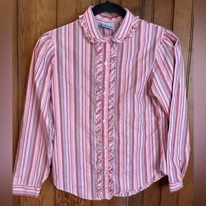 80s Pink and White Striped Ruffle Button Down Shirt, Made in USA